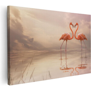 Artaza Canvas Schilderij Twee Flamingo's in een Hartjes Vorm - 120x80 cm - Groot - Wanddecoratie Woonkamer - Schilderijen - Muurdecoratie