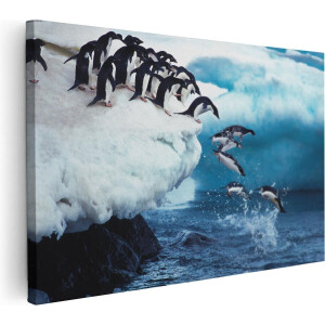 Artaza Canvas Schilderij Kudde Pinguïns Springen vanaf een Rots - 120x80 - Groot - Foto Op Canvas - Wanddecoratie Woonkamer