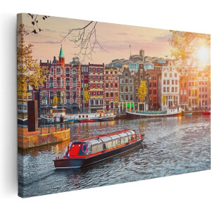 Artaza Canvas Schilderij Amsterdam - 90x60 cm - Wanddecoratie Grachten - Muurdecoratie Skyline - Schilderijen Op Canvas Zonsondergang
