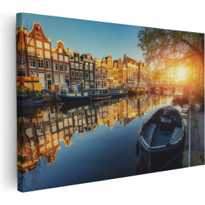Artaza Canvas Schilderij Amsterdamse Gracht Bij Zonsondergang - 120x80 cm - Groot - Wanddecoratie Woonkamer - Schilderijen - Muurdecoratie