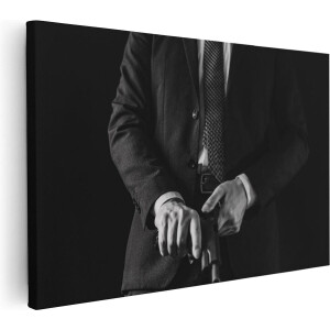 Artaza Canvas Schilderij Man in Pak met een Pistool - Zwart Wit - 120x80 - Groot - Foto Op Canvas - Wanddecoratie Woonkamer