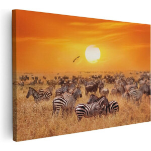 Artaza Canvas Schilderij Kudde Zebra's Bij Een Oranje Zonsondergang - 90x60 - Foto Op Canvas - Canvas Print - Muurdecoratie
