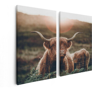 Artaza Canvas Schilderij Tweeluik Schotse Hooglander Koe In De Zon - 80x60 - Foto Op Canvas - Canvas Print