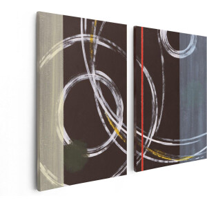 Artaza Canvas Schilderij Tweeluik Abstracte Cirkels met een Rode Lijn - 80x60 cm - Wanddecoratie Woonkamer - Schilderijen - Muurdecoratie