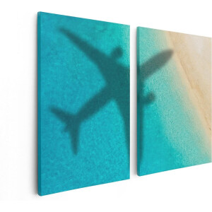 Artaza Canvas Schilderij Tweeluik Silhouet Van Een Vliegtuig Op Het Strand - 80x60 - Foto Op Canvas - Canvas Print