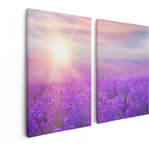 Artaza Canvas Schilderij Tweeluik Bloemenveld Met Paarse Lavendel  - 80x60 - Foto Op Canvas - Canvas Print