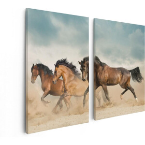 Artaza Canvas Schilderij Tweeluik Drie Bruine Paarden - 80x60 - Foto Op Canvas - Canvas Print