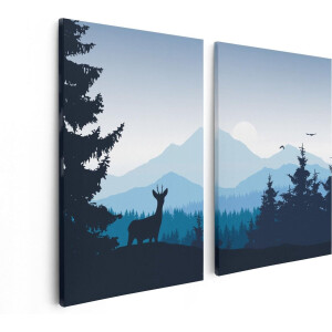 Artaza Canvas Schilderij Tweeluik Hert In Het Bos - Silhouet  - 80x60 - Foto Op Canvas - Canvas Print