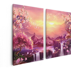 Artaza Canvas Schilderij Tweeluik Illustratie Van Watervallen Met Bloesems - 80x60 - Foto Op Canvas - Canvas Print