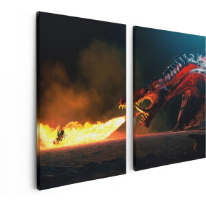 Artaza Canvas Schilderij Tweeluik Draak Spuwt Vuur op een Paard en Knecht - 80x60 - Foto Op Canvas - Canvas Print