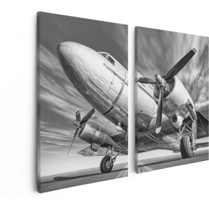 Artaza Canvas Schilderij Tweeluik Oud Vliegtuig Op De Landingsbaan - 80x60 - Foto Op Canvas - Canvas Print