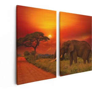 Artaza Canvas Schilderij Tweeluik Olifant In Het Wild Tijdens Zonsondergang - 80x60 - Foto Op Canvas - Canvas Print