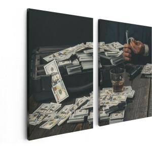 Artaza Canvas Schilderij Tweeluik Dollar Geld Briefjes Op Tafel Van De Maffia - 80x60 cm - Wanddecoratie Woonkamer - Schilderijen - Muurdecoratie