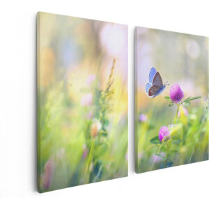 Artaza Canvas Schilderij Tweeluik Blauwe Vlinder Bij Een Paarse Bloem - 80x60 - Foto Op Canvas - Canvas Print