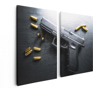 Artaza Canvas Schilderij Tweeluik Pistool met Kogels op Tafel  - 80x60 - Foto Op Canvas - Canvas Print