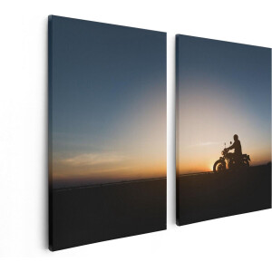 Artaza Canvas Schilderij Tweeluik Silhouet Van Een Motor Bij Zonsondergang - 80x60 - Foto Op Canvas - Canvas Print