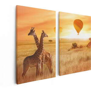 Artaza Canvas Schilderij Tweeluik Twee Giraffen Met Twee Oranje Luchtballonnen - 80x60 - Foto Op Canvas - Canvas Print