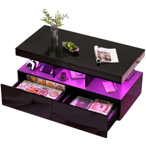 DoneMore® - salontafel - woonkamertafel - hoogglans met LED - 2 lades en open vak - wit MDF - 140 x 53 x 46 cm - 50 kg