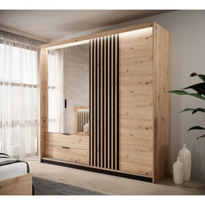 Meubella - Kledingkast Tasha - Eiken - Antraciet - 220 cm - Met spiegel