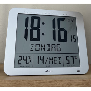 AMS F5884 Digitale Klok - Wandklok - Kunststof - Tafelklok - Radiogestuurde tijdsaanduiding - Temparatuur - Zilverkleurig