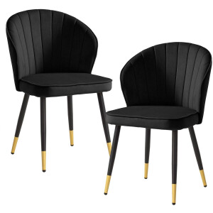 Eetkamerstoel set van 2 fluwelen zwarte keukenstoel met metalen poten, schelpstoel Scandinavisch design, gestoffeerde stoel met stoffen bekleding, stoel gestoffeerd