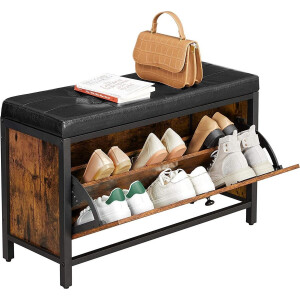 Schoenbank, gewatteerde schoenorganisatie met klep, schoenenkast voor 6 paar schoenen, stalen frame, industrieel ontwerp, vintage bruin-zwart