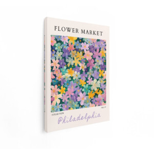 Artaza Canvas Schilderij Kleurrijke Bloemenprint met 'Flower Market' en 'Philadelphia' Tekst - 90x120 cm - Groot - Wanddecoratie Woonkamer - Schilderijen - Muurdecoratie