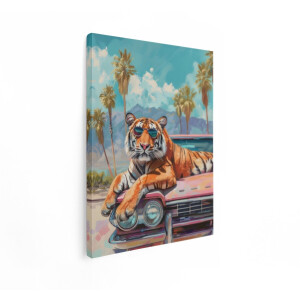 Artaza Canvas Schilderij Tijger Met Zonnebril - 60x80 cm - Wanddecoratie Vintage Auto - Muurdecoratie Dieren - Decoratie Woonkamer