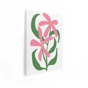 Artaza Canvas Schilderij Abstracte Roze Bloemen met Groene Bladeren op Witte Achtergrond - 60x80 cm - Wanddecoratie Woonkamer - Schilderijen - Muurdecoratie