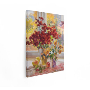 Artaza Canvas Schilderij Stilleven - 30x40 cm - Wanddecoratie Bloemen Vaas - Muurdecoratie Vensterbank - Schilderijen Op Canvas Herfst