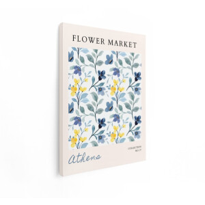 Artaza Canvas Schilderij Bloemen - 90x120 cm - Wanddecoratie Aquarel Bloemenpatroon - Muurdecoratie Flower Market - Decoratie Woonkamer Blauw