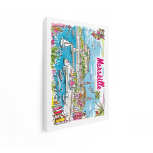 Artaza Canvas Schilderij Vrolijke Illustratie van de Haven van Marseille met Boten en Gebouwen - 90x120 cm - Groot - Wanddecoratie Woonkamer - Schilderijen - Muurdecoratie