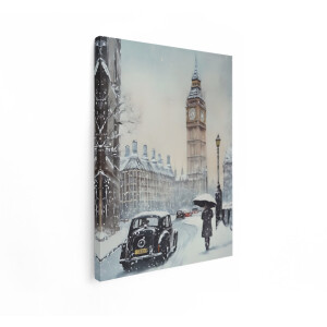 Artaza Canvas Schilderij Iconisch Londen met Sneeuwval en Klassieke Auto'S bij Big Ben - 90x120 cm - Groot - Wanddecoratie Woonkamer - Schilderijen - Muurdecoratie