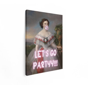 Artaza Canvas Schilderij Vrouw - 90x120 cm - Wanddecoratie Modern Portret - Muurdecoratie Kauwgom - Decoratie Tekst Let's Go Party - Roze