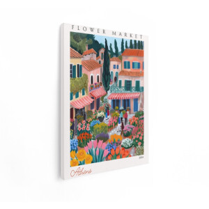 Artaza Canvas Schilderij Levendige Bloemenmarkt in Athene met Traditionele Architectuur en Mensen - 60x80 cm - Wanddecoratie Woonkamer - Schilderijen - Muurdecoratie