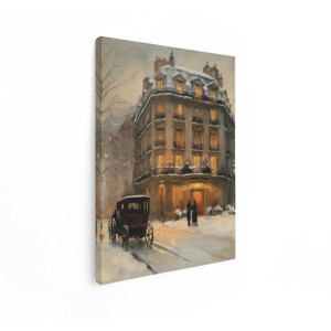 Artaza Canvas Schilderij Straatscène Parijs - 30x40 cm - Wanddecoratie Vintage - Muurdecoratie Koets - Decoratie Sneeuw - Kamer Accessoires
