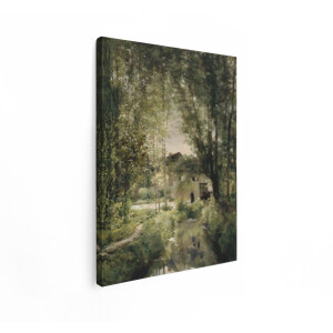 Artaza Canvas Schilderij Schilderachtig Landschap met een Huisje aan een Kabbelend Beekje en een Wandelende Vrouw - 90x120 cm - Groot - Wanddecoratie Woonkamer - Schilderijen - Muurdecoratie