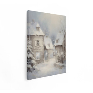 Artaza Canvas Schilderij Winterdorp - 60x80 cm - Wanddecoratie Besneeuwde Huizen - Muurdecoratie Winter Landschap - Vintage Schilderijen Op Canvas