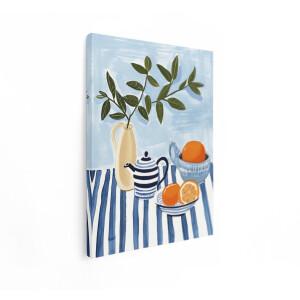 Artaza Canvas Schilderij Stilleven - 90x120 cm - Wanddecoratie Sinaasappels - Muurdecoratie Keuken - Decoratie Fruit - Blauw Wit