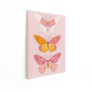 Artaza Canvas Schilderij Drie Gestileerde Vlinders in Pastelkleuren op een Zachte Roze Achtergrond - 60x80 cm - Wanddecoratie Woonkamer - Schilderijen - Muurdecoratie