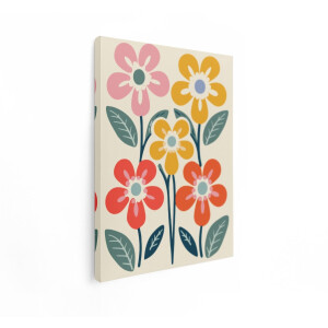 Artaza Canvas Schilderij Vrolijke Bloemen met Retro-Stijl en Levendige Kleuren op een Lichte Achtergrond - 60x80 cm - Wanddecoratie Woonkamer - Schilderijen - Muurdecoratie