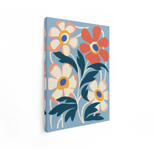 Artaza Canvas Schilderij Abstract Bloemenpatroon met Levendige Kleuren en Organische Vormen op een Blauwe Achtergrond - 90x120 cm - Groot - Wanddecoratie Woonkamer - Schilderijen - Muurdecoratie