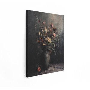 Artaza Canvas Schilderij Sombere Stilleven Schildering van een Vaas met Verwelkende Bloemen - 30x40 cm - Klein - Wanddecoratie Woonkamer - Schilderijen - Muurdecoratie