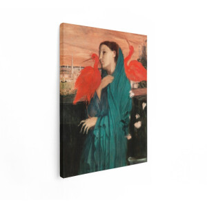Artaza Canvas Schilderij Vrouw met Rode Ibissen en een Stad op de Achtergrond bij Zonsondergang - 60x80 cm - Wanddecoratie Woonkamer - Schilderijen - Muurdecoratie