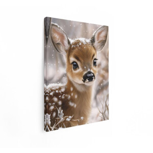 Artaza Canvas Schilderij Schattig Hertje met Sneeuw op Zijn Vacht in een Winterse Bosomgeving - 90x120 cm - Groot - Wanddecoratie Woonkamer - Schilderijen - Muurdecoratie