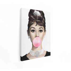 Artaza Canvas Schilderij Vrouw Audrey Hepburn - 90x120 cm - Wanddecoratie Vintage - Muurdecoratie Woonkamer - Decoratie Roze Kauwgombel