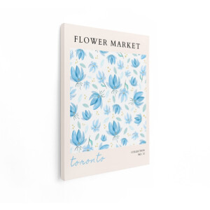 Artaza Canvas Schilderij Bloemenprint met Blauwe Bloemen en Gouden Accenten - Toronto Flower Market - 90x120 cm - Groot - Wanddecoratie Woonkamer - Schilderijen - Muurdecoratie