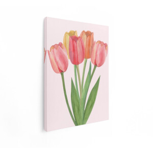 Artaza Canvas Schilderij Zachte Aquarel Tulpen in Pastelkleuren op een Lichte Roze Achtergrond - 60x80 cm - Wanddecoratie Woonkamer - Schilderijen - Muurdecoratie