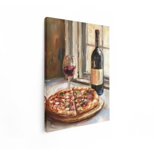 Artaza Canvas Schilderij Schilderij van Pizza en Rode Wijn bij een Raam - Sfeervol en Artistiek - 30x40 cm - Klein - Wanddecoratie Woonkamer - Schilderijen - Muurdecoratie
