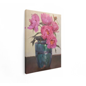 Artaza Canvas Schilderij Levendige Roze Pioenrozen in een Glazen Vaas - Geschilderd met Olieverf - 30x40 cm - Klein - Wanddecoratie Woonkamer - Schilderijen - Muurdecoratie